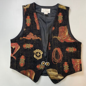 Longhorn Vest Womens Large Black Western Tapestry Vintage USA Made Cowgirl Lined
